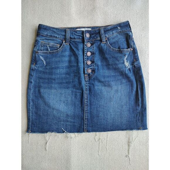 PacSun Dresses & Skirts - Pacsun Women's Size 26 Dark Wash Blue Mini Length 5 Button Fly Skirt Raw Hem